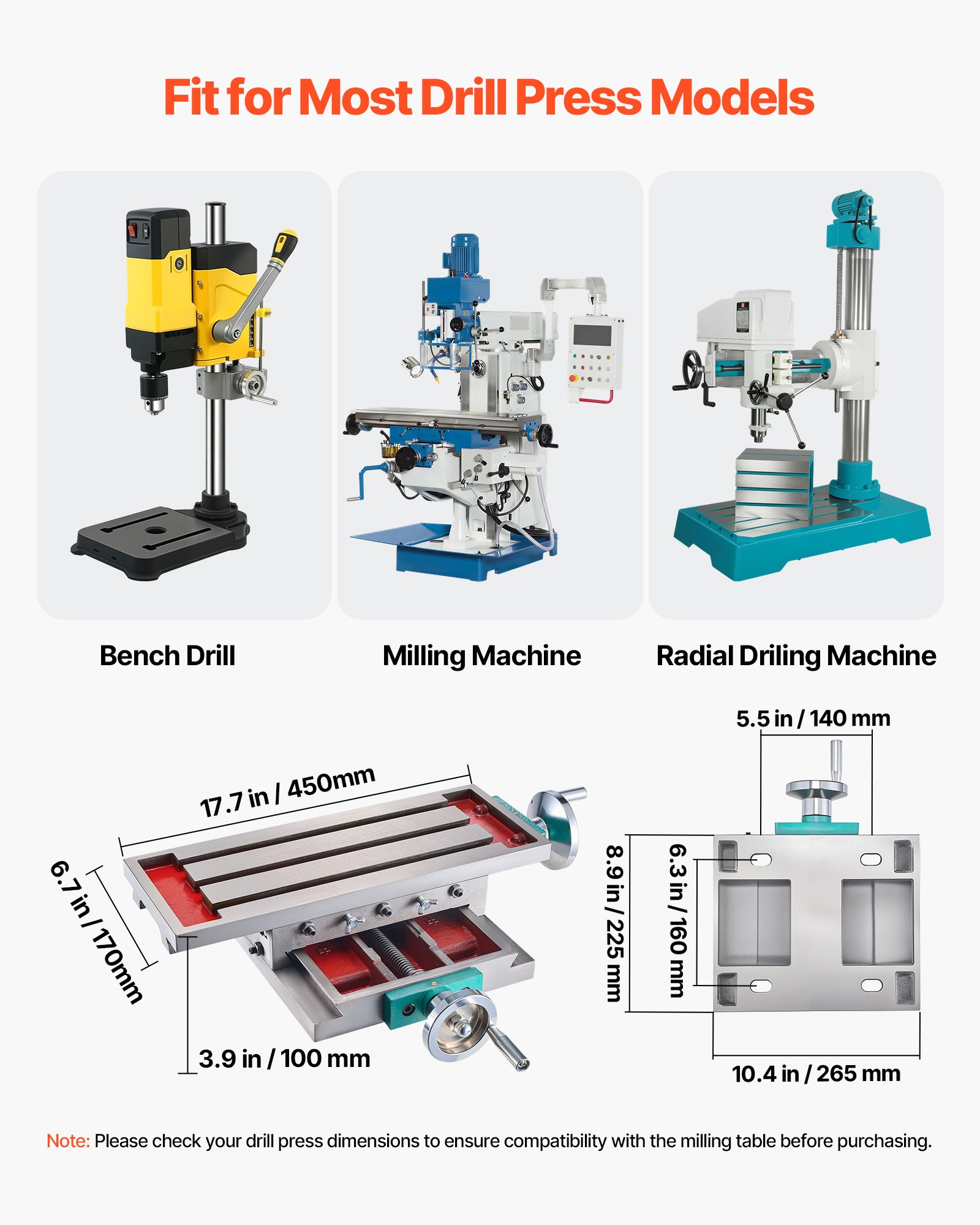 VEVOR Stół frezarski 17,7 × 6,7 cala(450 x 170 mm) Stół frezarski z przesuwnym układem ślizgowym 30 kg Wielofunkcyjny stół roboczy Frezarka krzyżowa 2-osiowa 4-drożna do wszystkich stojaków wiertniczych Wiertarko-frezarka stołowa