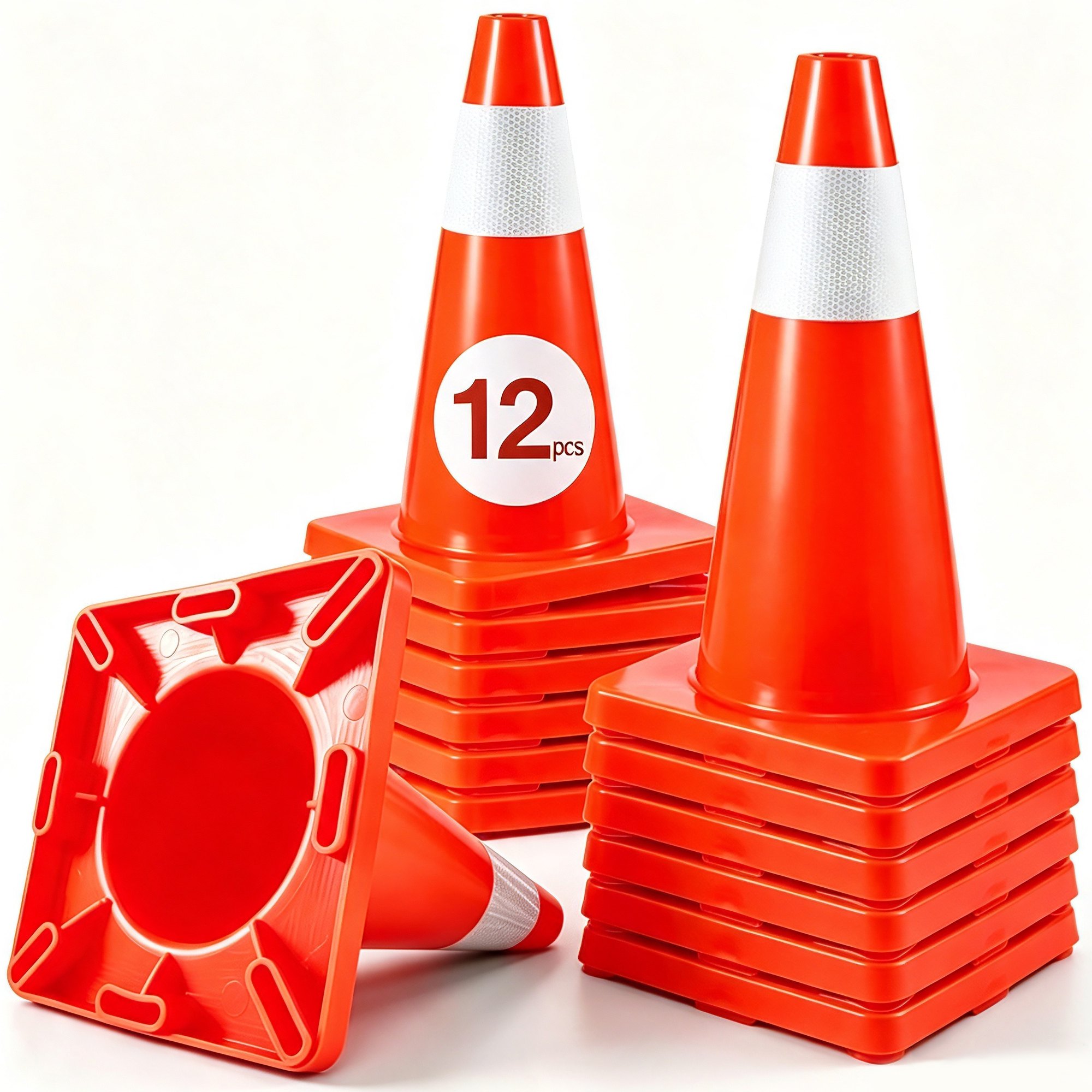 VEVOR 12 pachołków drogowych 18-calowych, pachołki bezpieczeństwa na ulicy z podstawą z tworzywa PVC, pomarańczowe pachołki drogowe, pachołki drogowe do oznaczania niebezpiecznych warunków na parkingach przydomowych