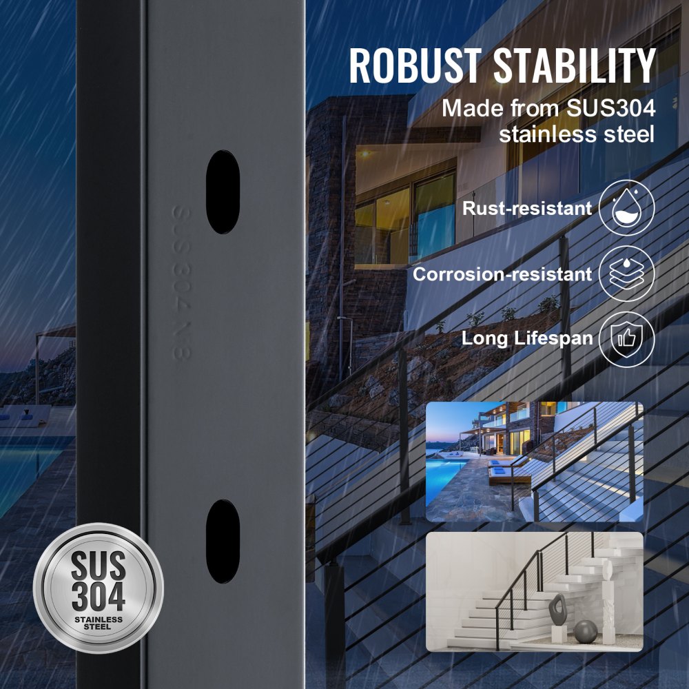 Słupek balustrady kablowej VEVOR, 36" x 2" x 2" stal, otwór pod kątem 30°, 10 wstępnie nawierconych otworów, słupek balustrady ze stali nierdzewnej SUS304 z wygiętym wspornikiem, 1 opakowanie, czarny, 1JZLGZ91455HV8GHUV0