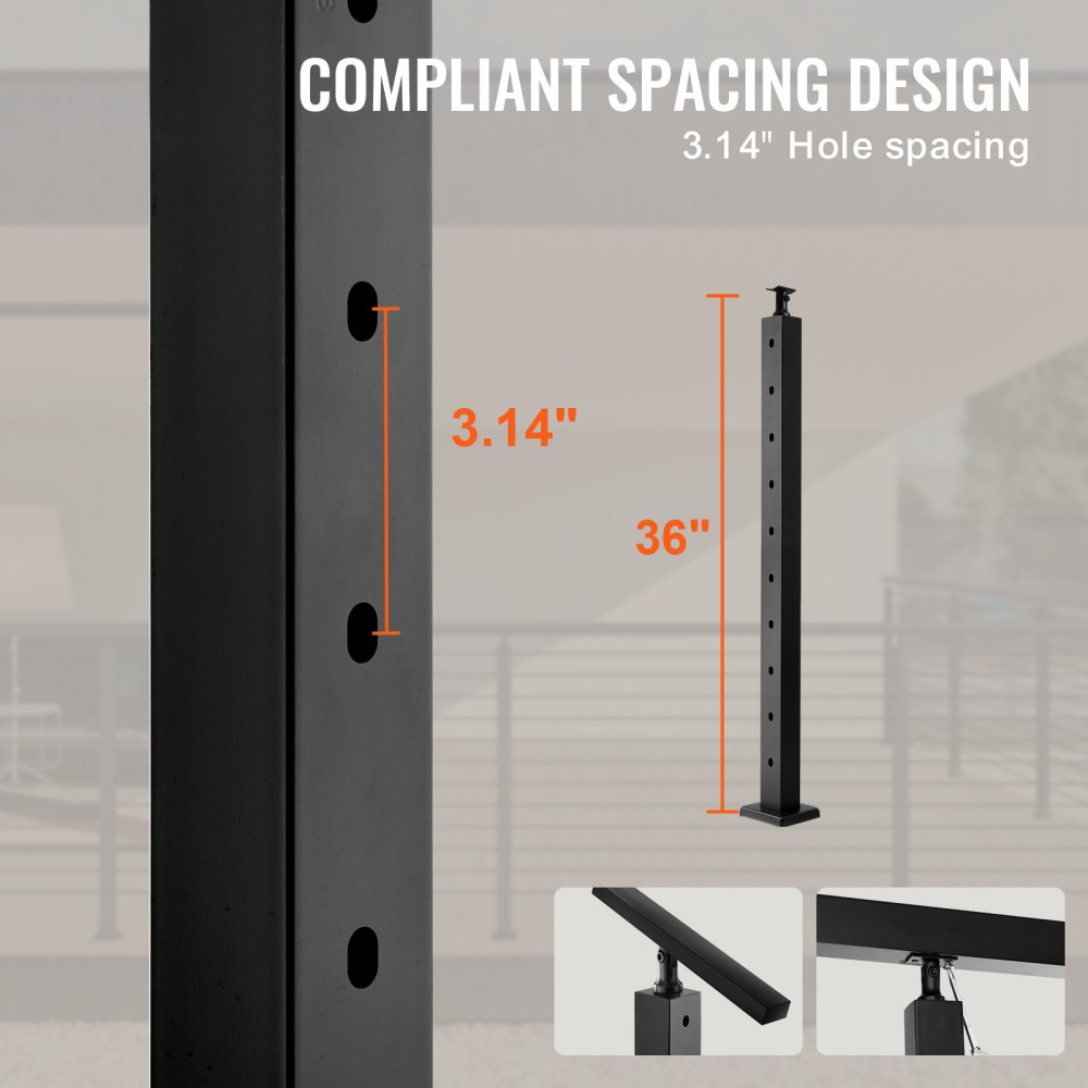 Słupek balustrady kablowej VEVOR, 36" x 2" x 2" stal, otwór pod kątem 30°, 10 wstępnie nawierconych otworów, słupek balustrady ze stali nierdzewnej SUS304 z wygiętym wspornikiem, 1 opakowanie, czarny, 1JZLGZ91455HV8GHUV0