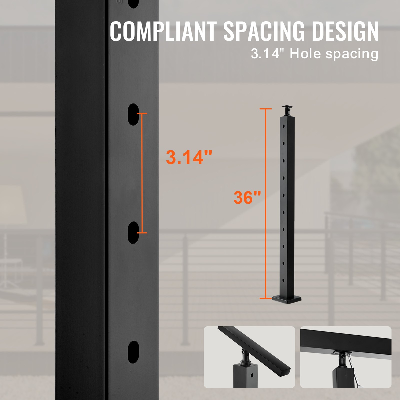 Słupek balustrady kablowej VEVOR, 36" x 2" x 2" stal, otwór pod kątem 30°, 10 wstępnie nawierconych otworów, słupek balustrady ze stali nierdzewnej SUS304 z wygiętym wspornikiem, 1 opakowanie, czarny, 1JZLGZ91455HV8GHUV0