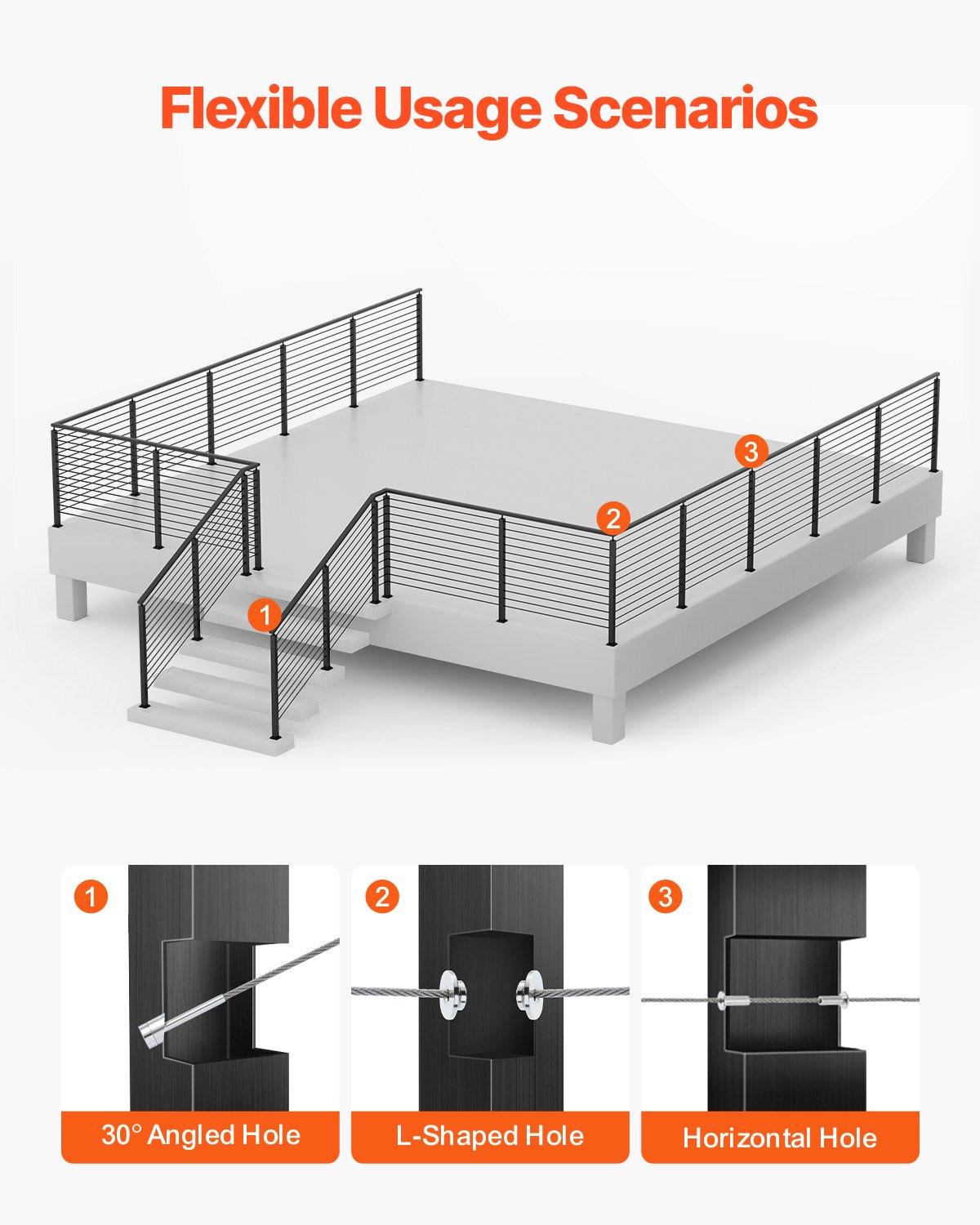 Słupek balustrady kablowej VEVOR, 106,6 x 4,98 x 4,98 cm, narożny słupek balustrady ze stali, z otworami w kształcie litery L, ze stali nierdzewnej SUS304, z wygiętym wspornikiem, 1 sztuka, czarny, 1JZLGZXHS1065S1EW001V0