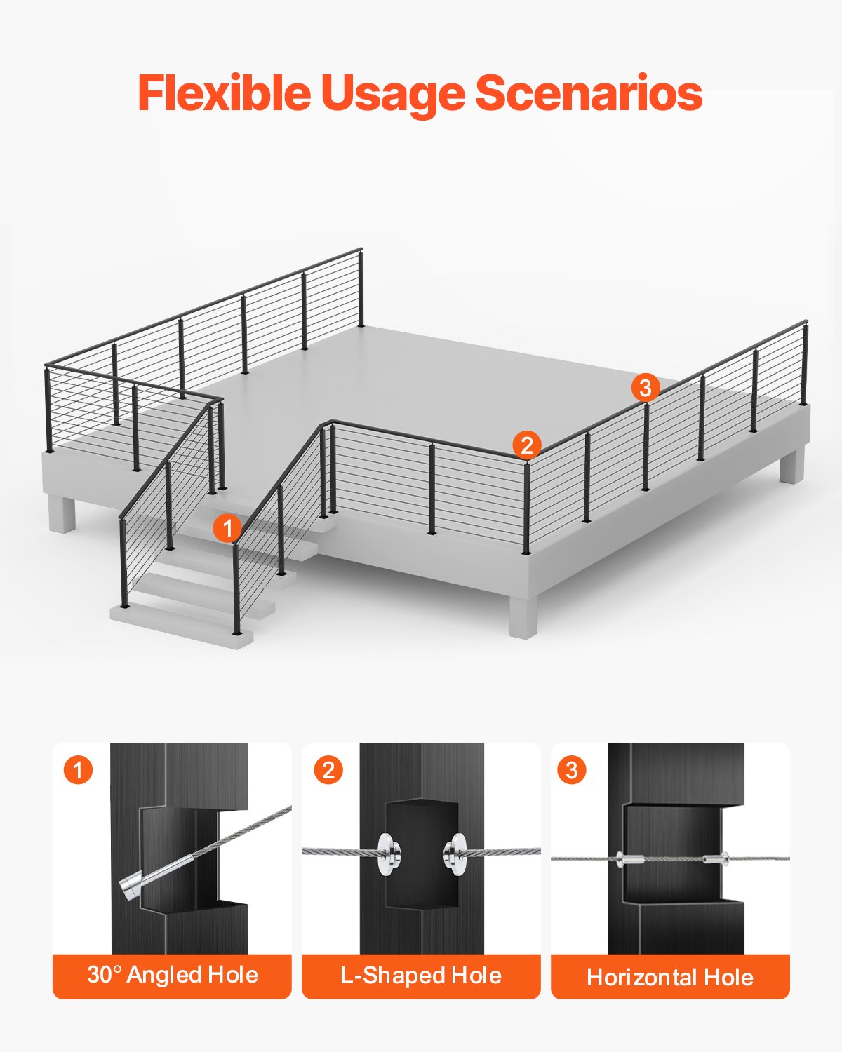 Słupek balustrady kablowej VEVOR, 91,4 x 3 x 5 cm, narożny słupek balustrady, z wstępnie nawierconymi otworami w kształcie litery L, słupek balustrady ze stali nierdzewnej SUS304 z wygiętym wspornikiem, zestaw 1 szt., czarny, 1JZLGZXHS914IVCFL001V0