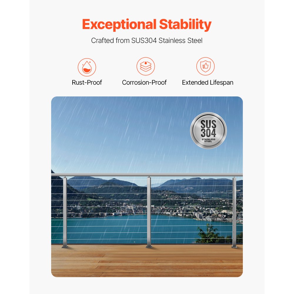 Słupek balustrady kablowej VEVOR, 91,4 x 5 x 5 cm, stalowy słupek balustrady tarasowej z poziomymi i wstępnie nawierconymi otworami, stal nierdzewna SUS304, z wygiętym wspornikiem, 1 sztuka, srebrny, 1JZLGZXYS91466KZK001V0