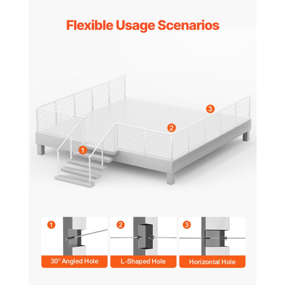 Słupek balustrady kablowej VEVOR, 91,4 x 5 x 5 cm, stalowy słupek balustrady tarasowej z poziomymi i wstępnie nawierconymi otworami, stal nierdzewna SUS304, z wygiętym wspornikiem, 1 sztuka, srebrny, 1JZLGZXYS91466KZK001V0