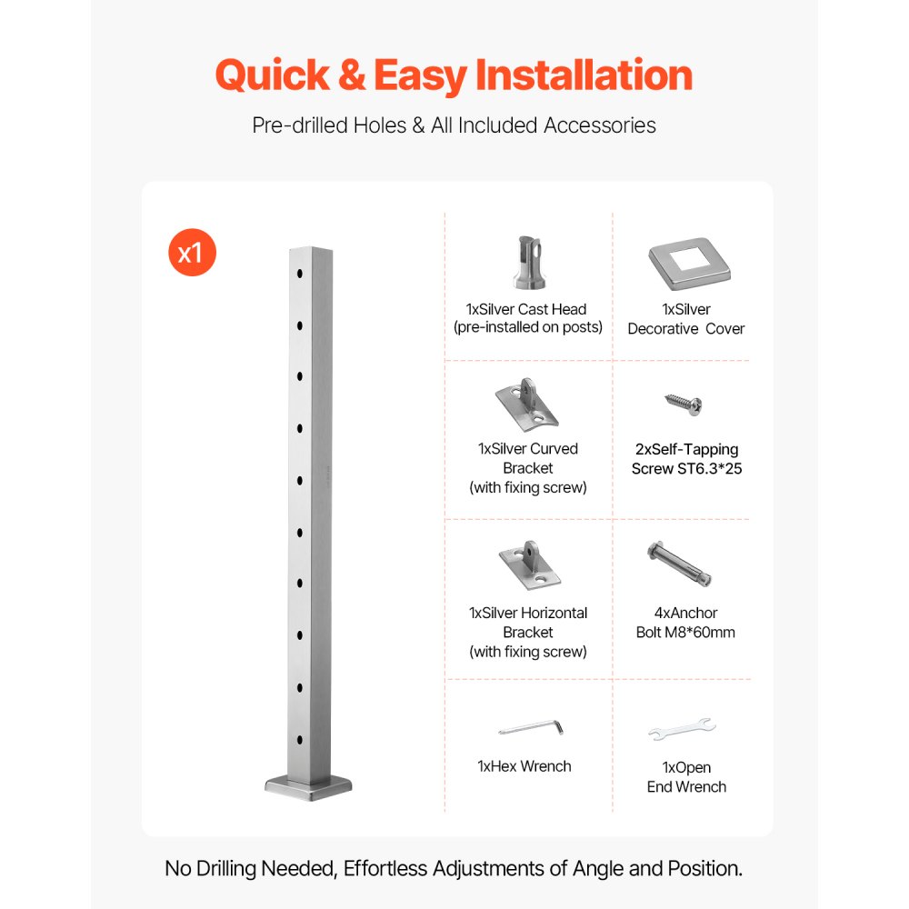 Słupek balustrady kablowej VEVOR, 91,4 x 5 x 5 cm, stalowy słupek balustrady tarasowej z poziomymi i wstępnie nawierconymi otworami, stal nierdzewna SUS304, z wygiętym wspornikiem, 1 sztuka, srebrny, 1JZLGZXYS91466KZK001V0