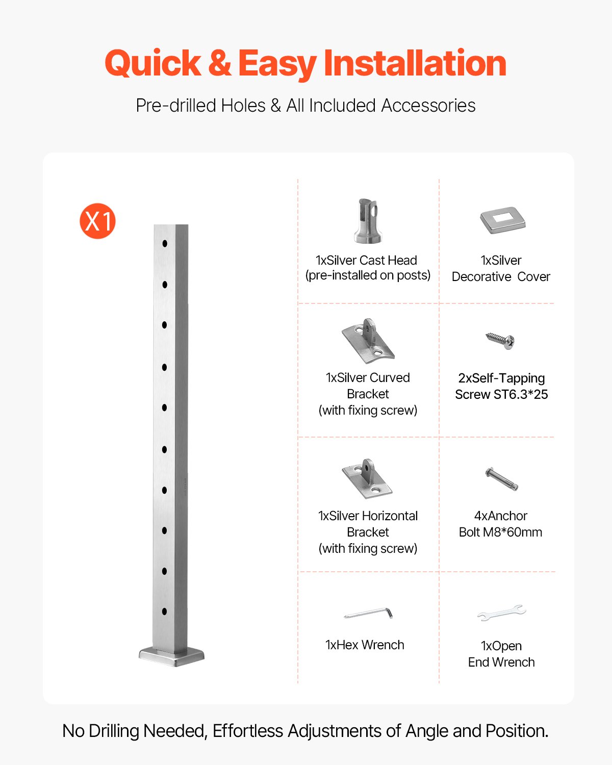 VEVOR Cable Railing Post, 91 x 2.5 x 5 cm, 1 Pack, Stainless Steel Cable Stair Railing Post, Pre-drilled Posts with Mounting Bracket, Railing Post, Silver, 1JZLGZXYS914I4BDB001V0
