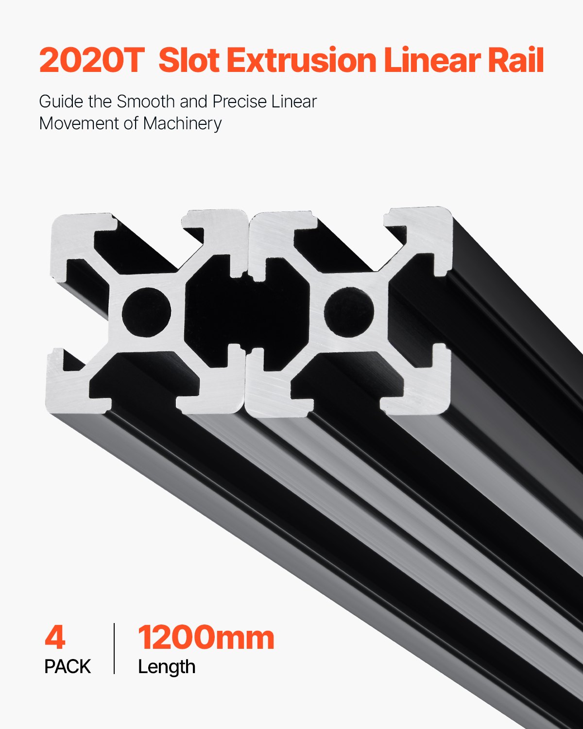 VEVOR zestaw 4 profili aluminiowych 1200 mm z rowkami teowymi, 2020. Profil wytłaczany z aluminium, szyna liniowa anodowana zgodnie z normami europejskimi, profil rowkowy do drukarek 3D, maszyn CNC, projektów DIY, grawerowania laserowego, kolor czarny.