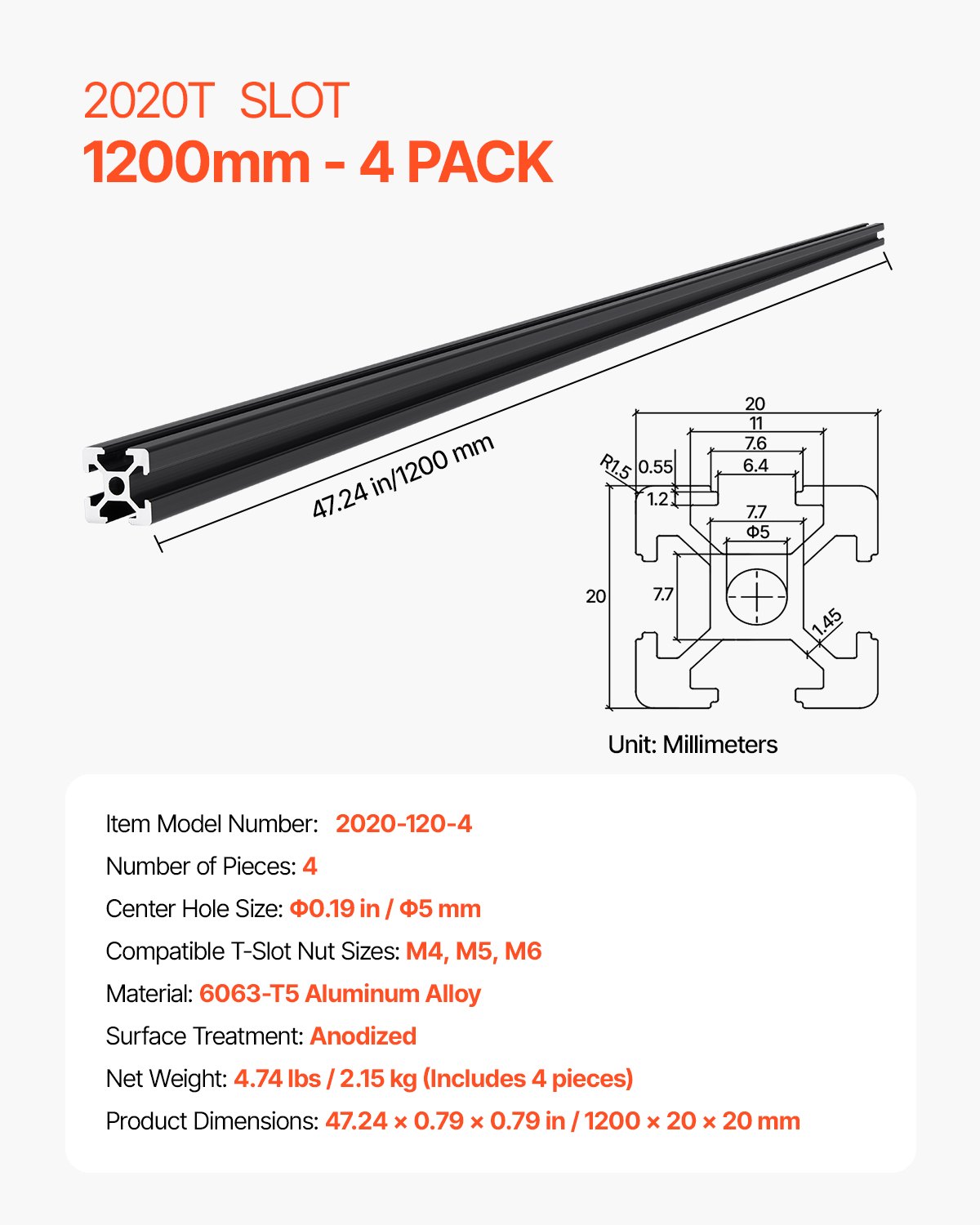 VEVOR zestaw 4 profili aluminiowych 1200 mm z rowkami teowymi, 2020. Profil wytłaczany z aluminium, szyna liniowa anodowana zgodnie z normami europejskimi, profil rowkowy do drukarek 3D, maszyn CNC, projektów DIY, grawerowania laserowego, kolor czarny.