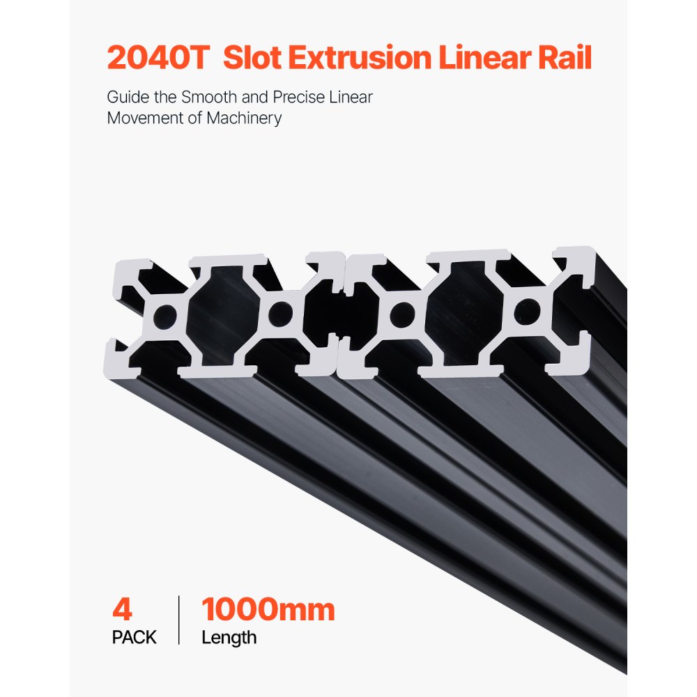 Zestaw 4 profili aluminiowych VEVOR 1000 mm z rowkami teowymi, profil wytłaczany z aluminium 2040, szyna liniowa anodowana zgodnie z normami europejskimi, profil rowkowy do drukarek 3D, maszyn CNC, projektów DIY, grawerowania laserowego, kolor czarny