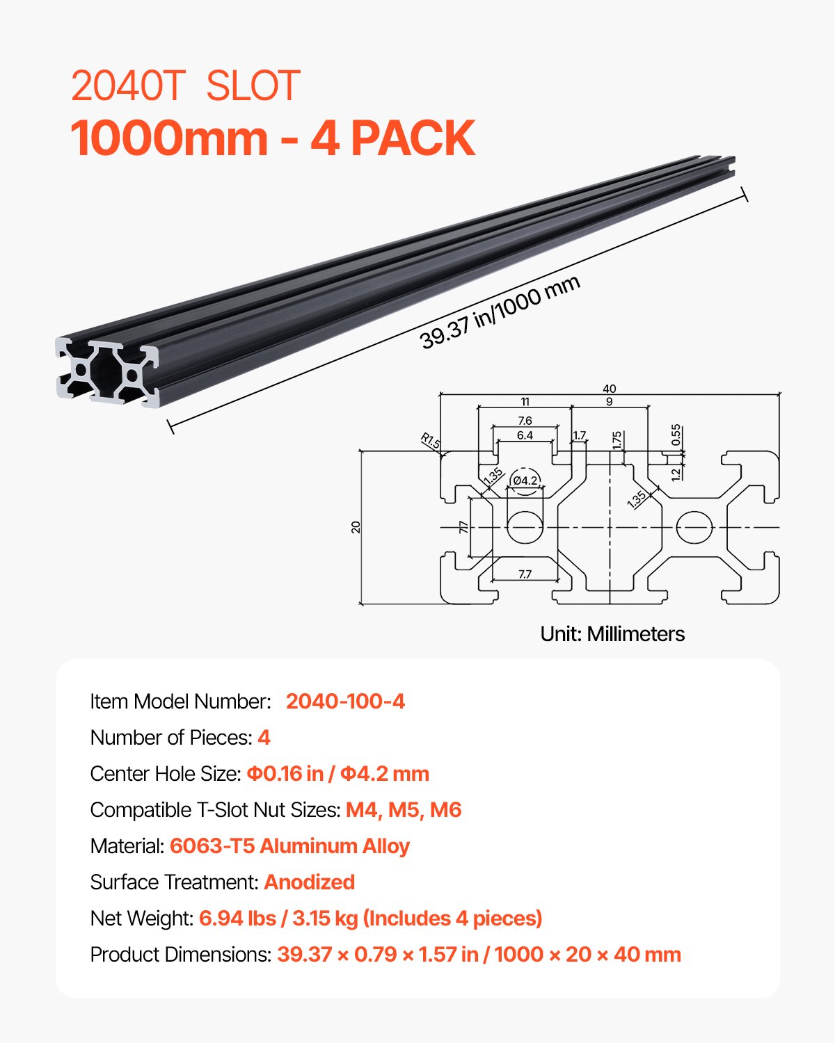 Zestaw 4 profili aluminiowych VEVOR 1000 mm z rowkami teowymi, profil wytłaczany z aluminium 2040, szyna liniowa anodowana zgodnie z normami europejskimi, profil rowkowy do drukarek 3D, maszyn CNC, projektów DIY, grawerowania laserowego, kolor czarny