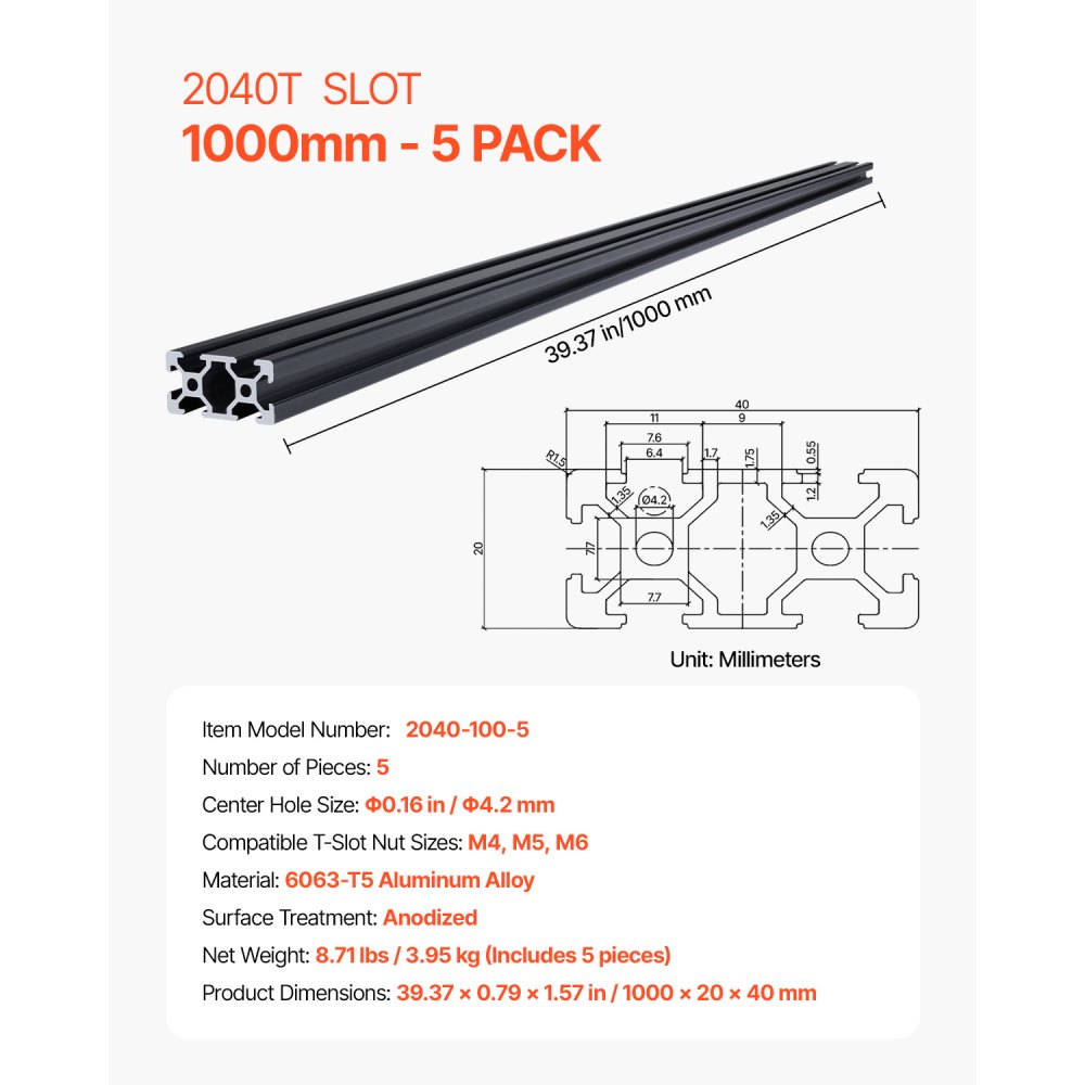 VEVOR Zestaw 5 profili aluminiowych 1000 mm z rowkami teowymi, profil wytłaczany z aluminium 2040, szyna liniowa anodowana zgodnie z normami europejskimi, profil rowkowy do drukarek 3D, maszyn CNC, projektów DIY, grawerowania laserowego, kolor czarny