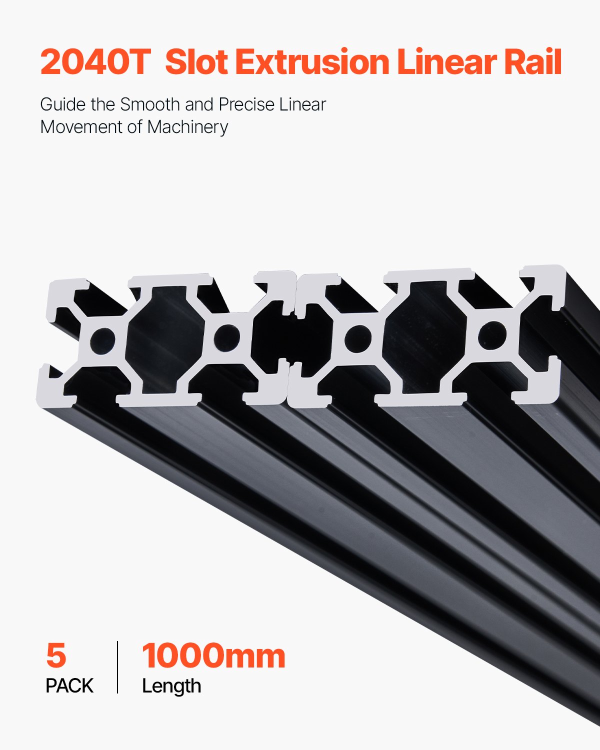 VEVOR Zestaw 5 profili aluminiowych 1000 mm z rowkami teowymi, profil wytłaczany z aluminium 2040, szyna liniowa anodowana zgodnie z normami europejskimi, profil rowkowy do drukarek 3D, maszyn CNC, projektów DIY, grawerowania laserowego, kolor czarny