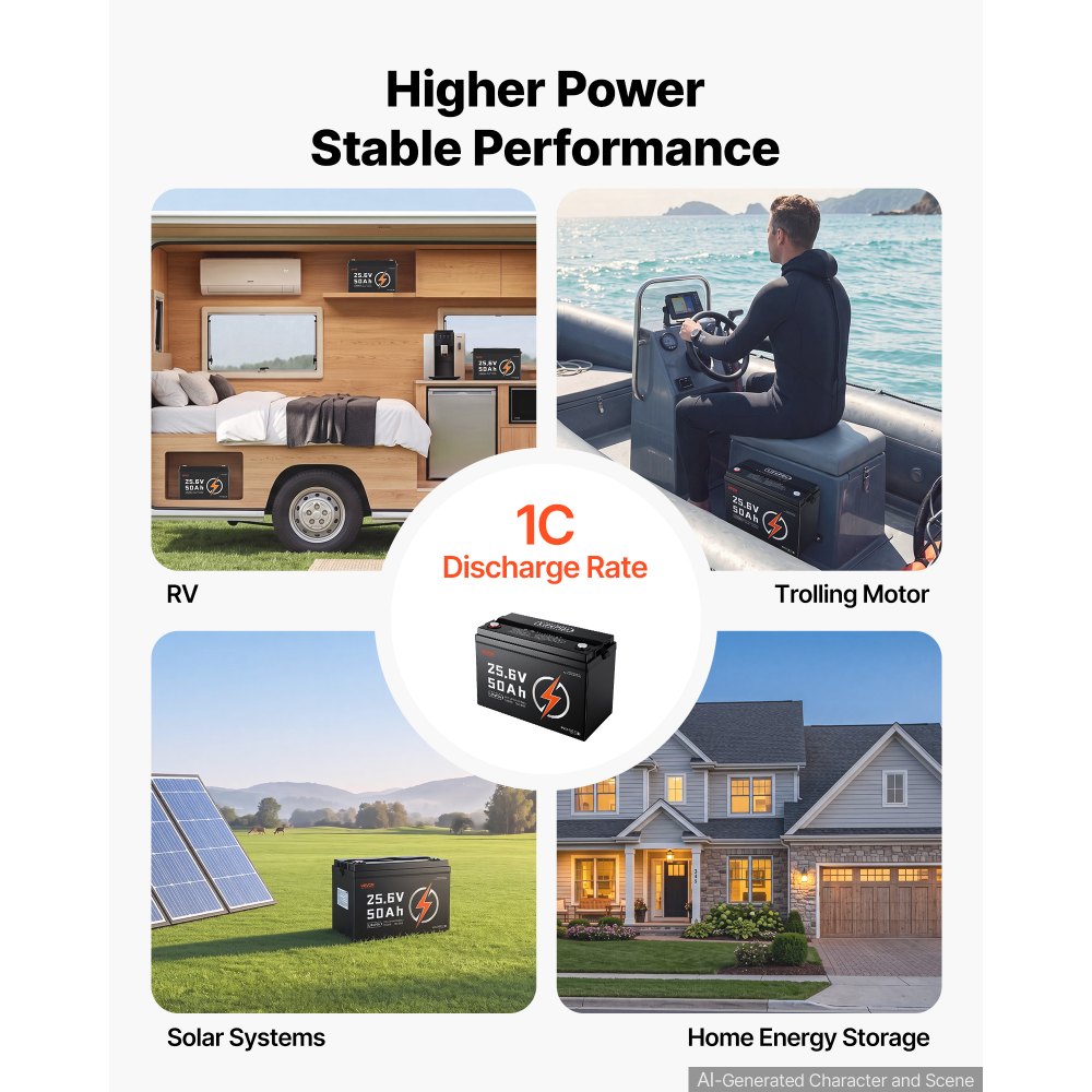 Akumulator litowo-jonowy VEVOR LiFePO4 24 V 50 Ah 50 A z systemem Bluetooth BMS, odpowiedni do kamperów, przyczep kempingowych, magazynów energii słonecznej i silników elektrycznych, 20–29,2 V DC, zabezpieczenie przed niską temperaturą, 1280 Wh