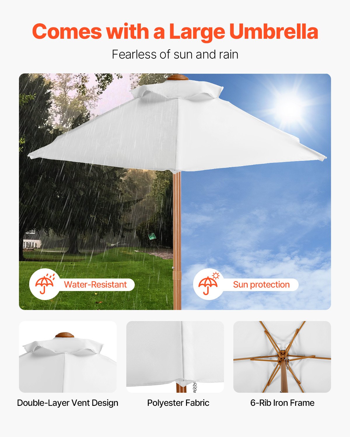 VEVOR Stół piknikowy ze zdejmowanym parasolem i 2 ławkami, stół plażowy, meble ogrodowe, zestaw obiadowy na patio z drewna dla 4 osób, do ogrodu, na podwórko i na werandę (orzech włoski)