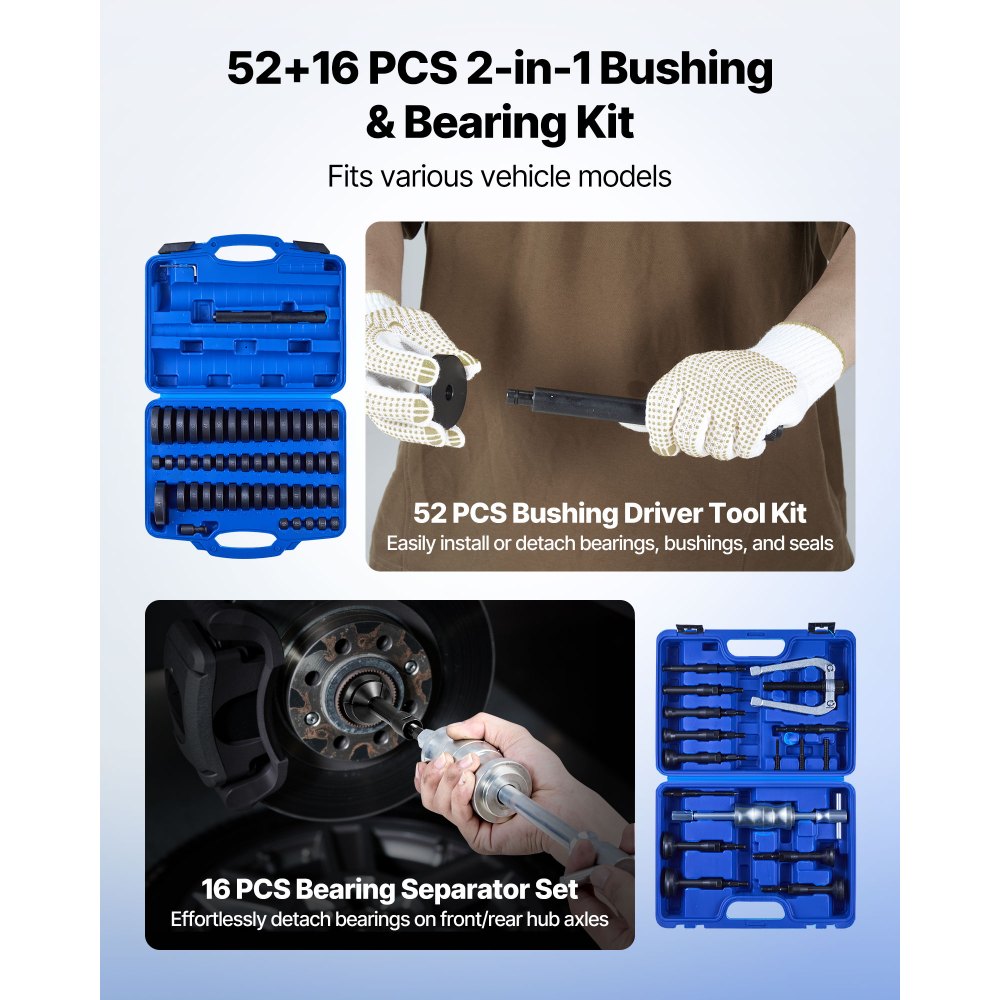 VEVOR Bearing Press Kit, 52+16 Pcs, 2 in 1 Bushing Driver Tool & Bearing Press Kit, Race and Seal Driver Set with 49 Bushings, 10 Collets, Slide Hammer, Heavy Duty Removal Installation Set with Case