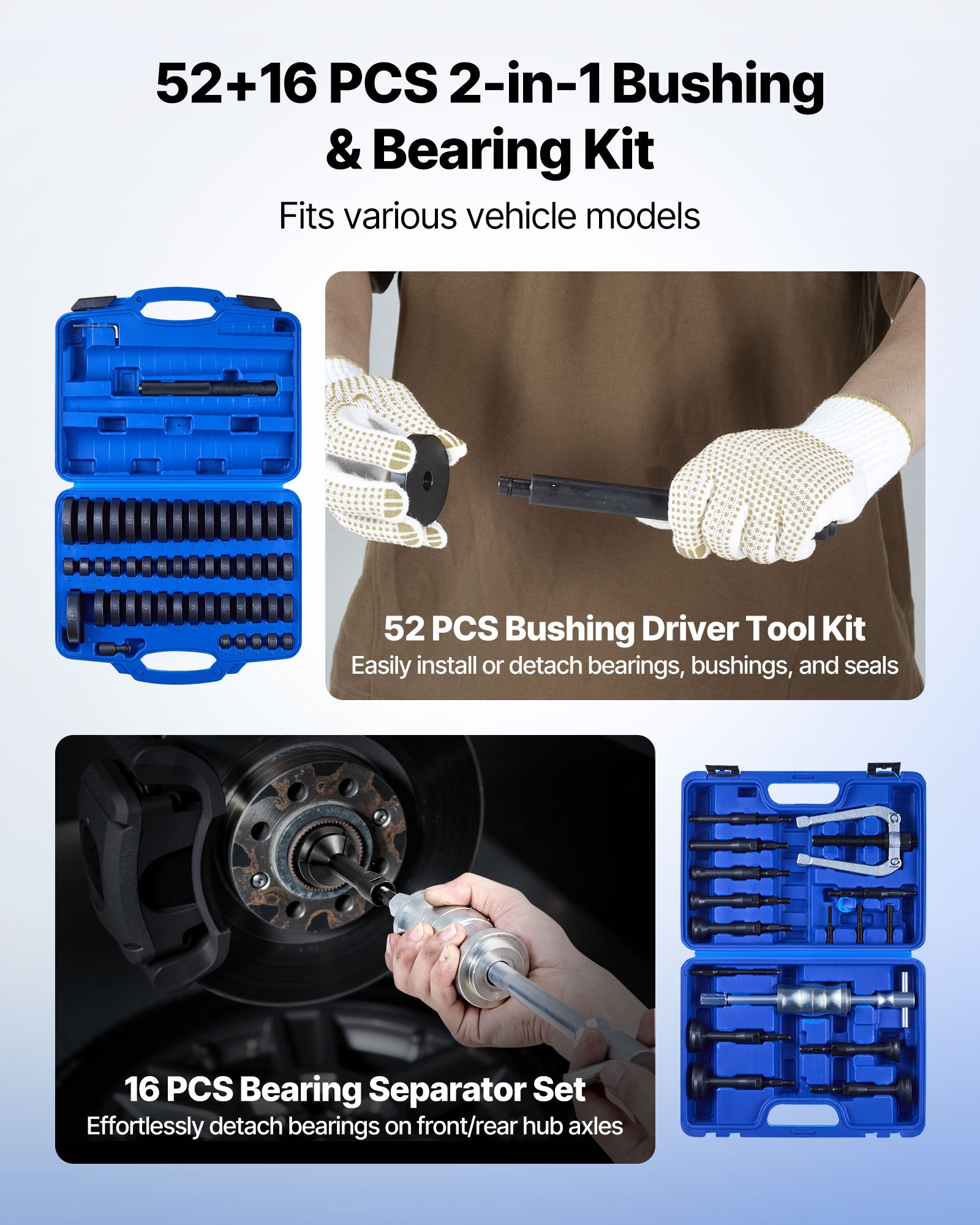 VEVOR Bearing Press Kit, 52+16 Pcs, 2 in 1 Bushing Driver Tool & Bearing Press Kit, Race and Seal Driver Set with 49 Bushings, 10 Collets, Slide Hammer, Heavy Duty Removal Installation Set with Case