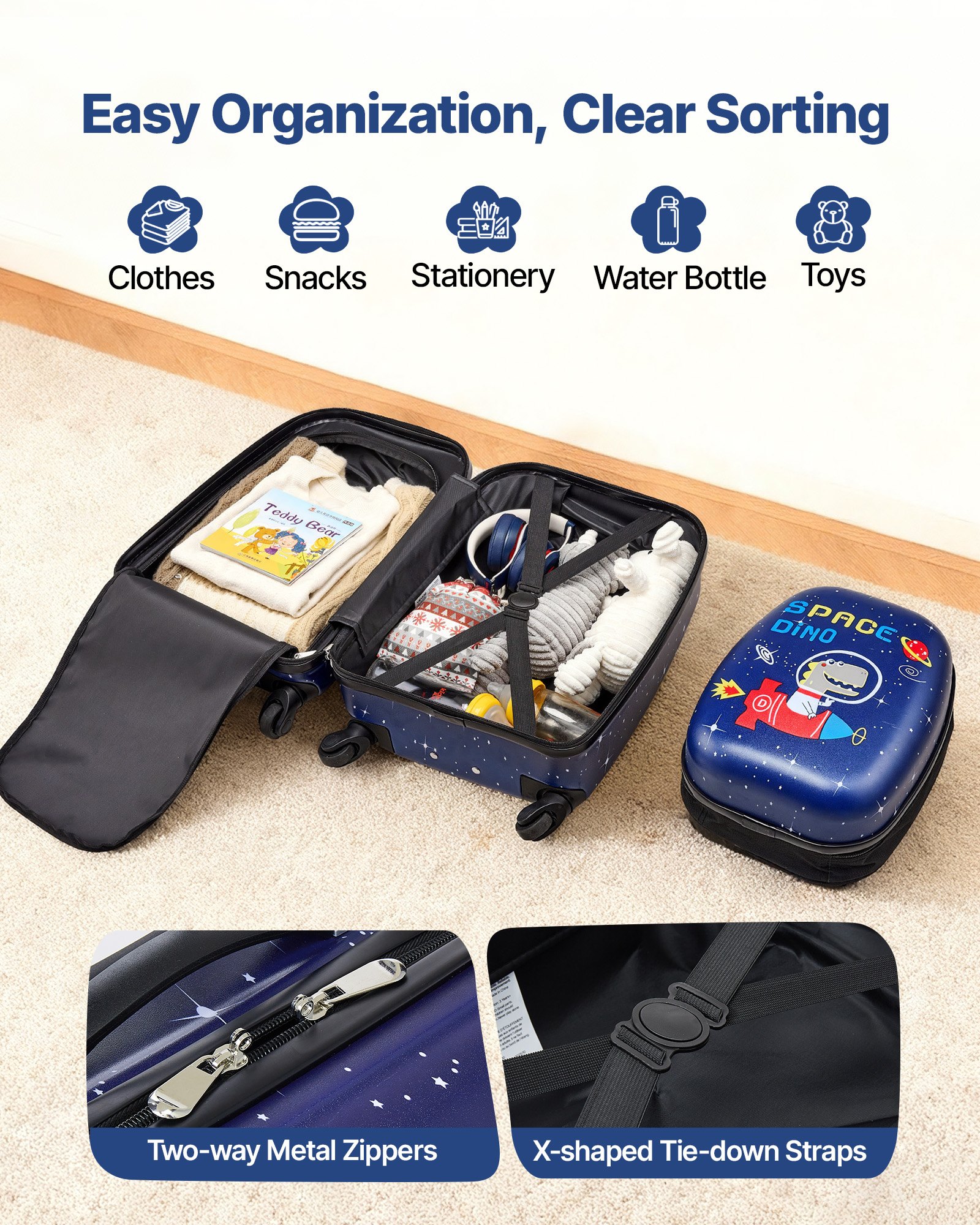 Zestaw walizek dziecięcych VEVOR, 2 części, 457,2 mm, twarda walizka z kółkami i plecakiem, wózek dziecięcy, walizka dla dzieci, idealny prezent dla chłopców i dziewcząt, praktyczny w podróży i podczas lotu (Dinozaur)