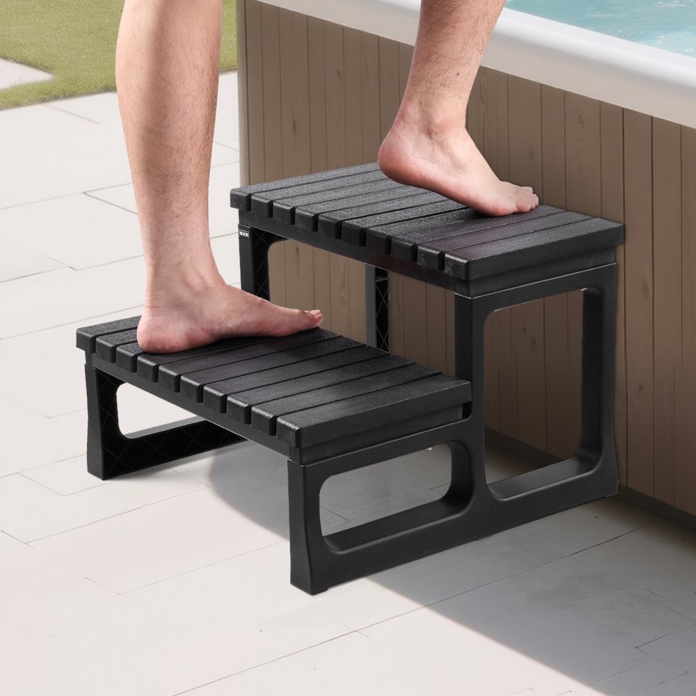 VEVOR Hot Tub Step, 2-Step Spa Outdoor Stairs, Heavy Duty 599.5 mm Wide PP Above-Ground/Inflatable Pool Ladder with 145.2 kg Weight Capacity, Multi-Use for Porch, Patio, Deck, Campers,Black