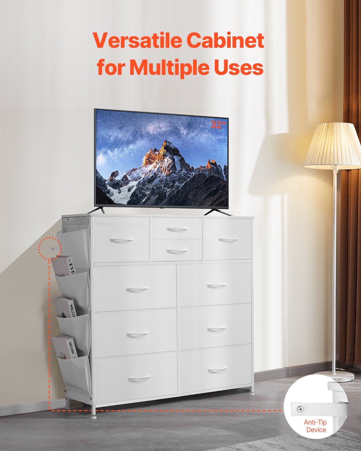 Komoda VEVOR z 10 szufladami, materiałowymi pojemnikami, szufladami do szafy z łatwym w obsłudze uchwytem i solidną stalową ramą, wieża do przechowywania materiałów do sypialni i przedpokoju, biała