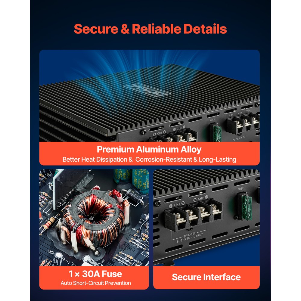 VEVOR Car Audio Amplifier, 2-Channel Bridgeable Car Amplifier, Full-Range Class AB Stereo Amp, Max. 2 x 300W at 4 Ohms / 2 x 600W at 2 Ohms, High Output, for SUVs, Pickups, and Off-Road Vehicles