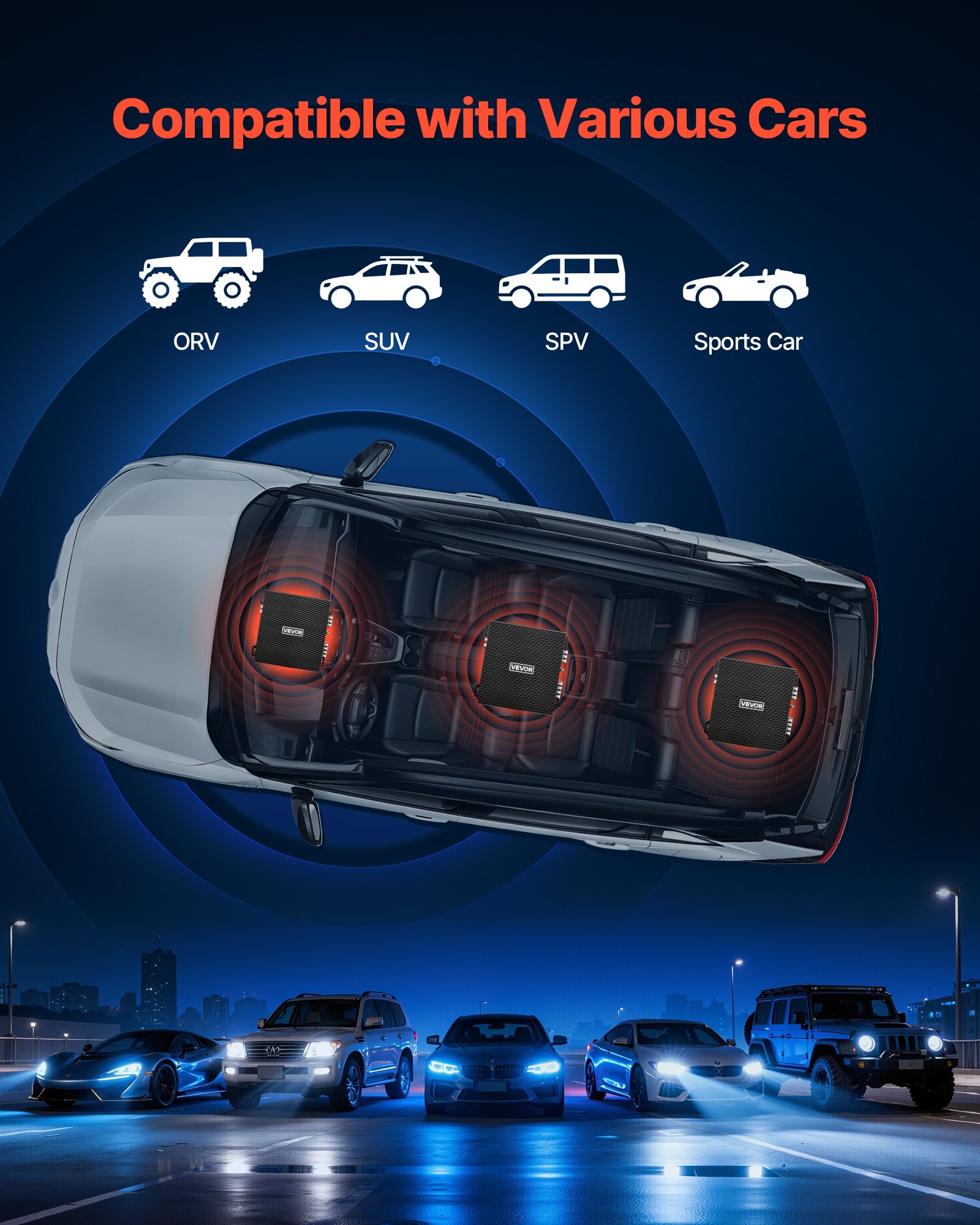 VEVOR Car Audio Amplifier, 2-Channel Bridgeable Car Amplifier, Full-Range Class AB Stereo Amp, Max. 2 x 300W at 4 Ohms / 2 x 600W at 2 Ohms, High Output, for SUVs, Pickups, and Off-Road Vehicles