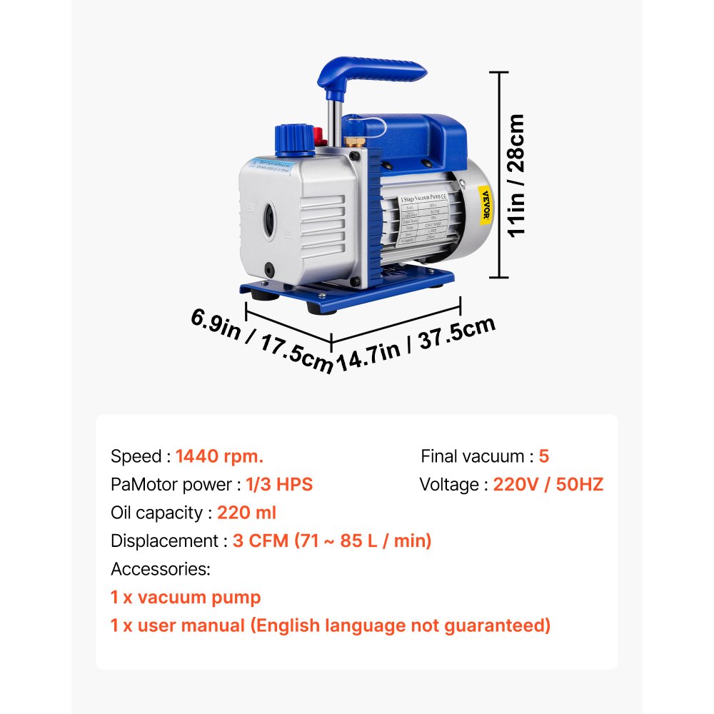 VEVOR  Pompa próżniowa 3CFM, pompa próżniowa 1-3HP, pompa próżniowa 220 V pompa próżniowa, pompa próżniowa 50HZ pompa próżniowa