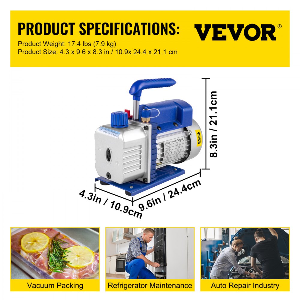 VEVOR  3CFM pusta jednostopniowa pompa próżniowa, 1/4HP pompa próżniowa 2-drożna pompa próżniowa klimatyzacja, pompa próżniowa 220 V pompa próżniowa