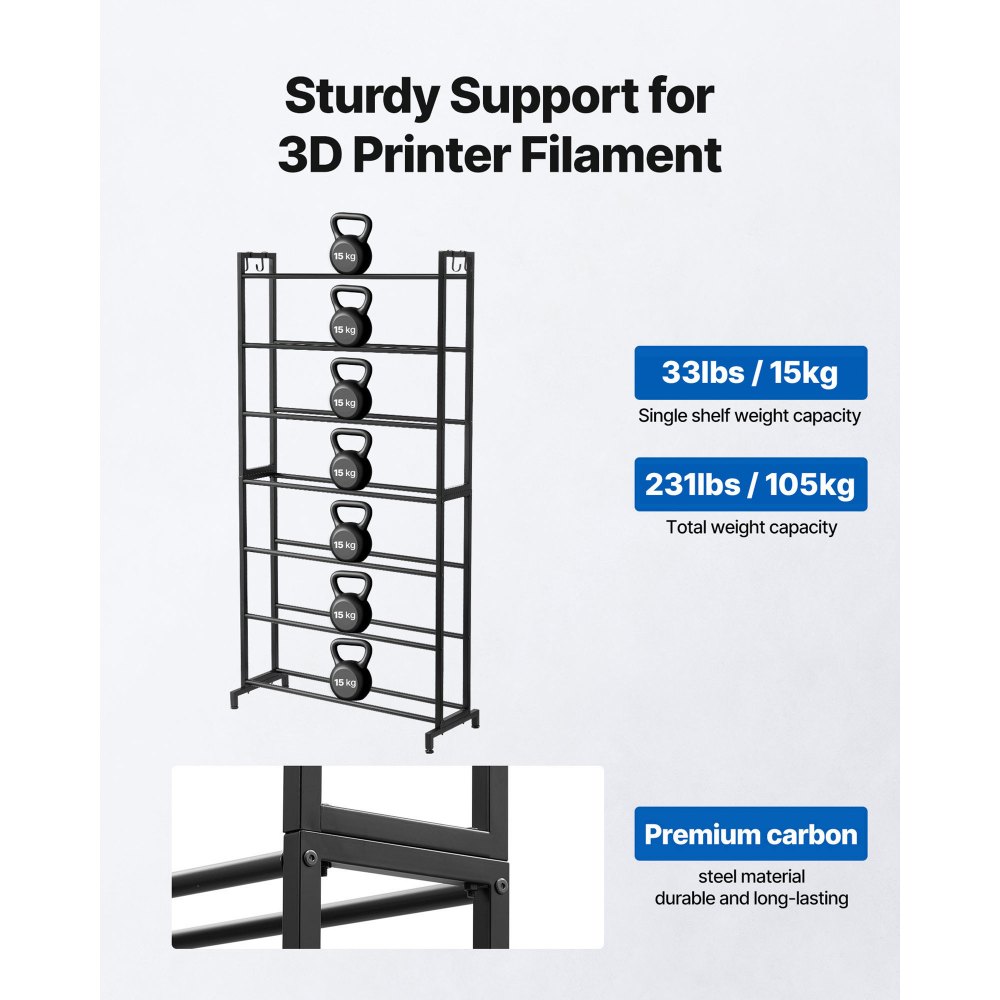 Regał do przechowywania filamentu do drukarki 3D VEVOR, 7 poziomów, uchwyt na szpulę filamentu, 840 x 320 x 1650 mm, nośność 54,4 kg na poziom, akcesoria do drukarek 3D do studia druku 3D, warsztatu, czarny