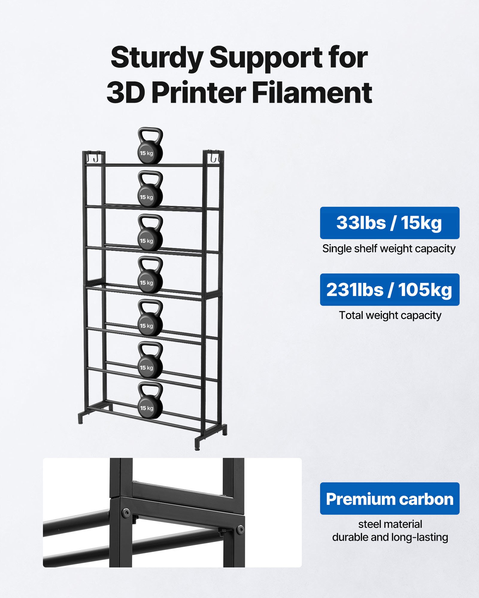 Regał do przechowywania filamentu do drukarki 3D VEVOR, 7 poziomów, uchwyt na szpulę filamentu, 840 x 320 x 1650 mm, nośność 54,4 kg na poziom, akcesoria do drukarek 3D do studia druku 3D, warsztatu, czarny