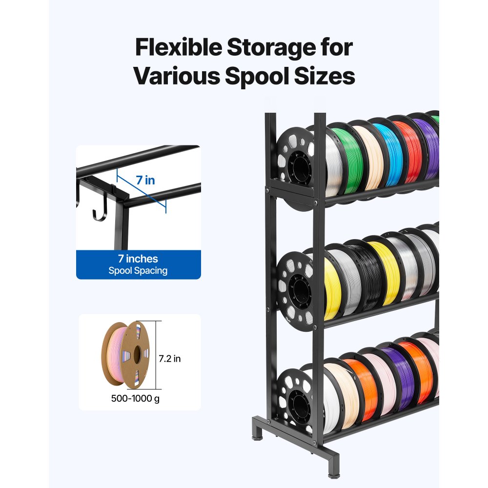 Regał do przechowywania filamentu do drukarki 3D VEVOR, 5 poziomów, uchwyt na szpulę filamentu, 635 x 320 x 1300 mm, nośność 45,3 kg na poziom, organizer na akcesoria do drukarki 3D do studia druku 3D, warsztatu, czarny