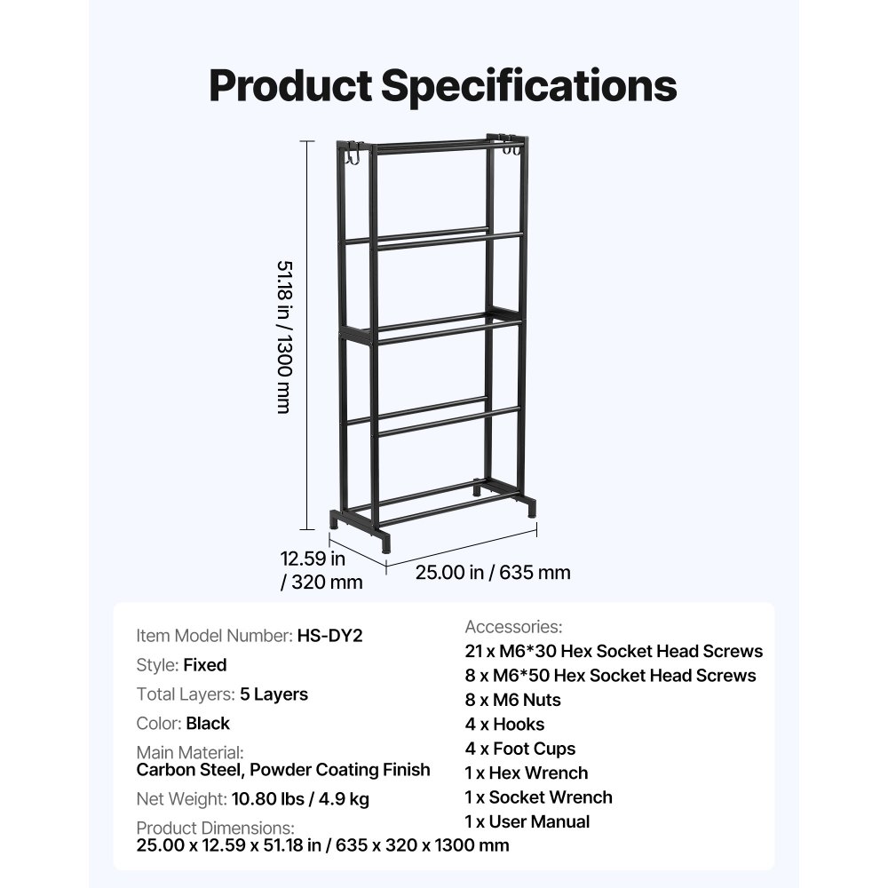 Regał do przechowywania filamentu do drukarki 3D VEVOR, 5 poziomów, uchwyt na szpulę filamentu, 635 x 320 x 1300 mm, nośność 45,3 kg na poziom, organizer na akcesoria do drukarki 3D do studia druku 3D, warsztatu, czarny