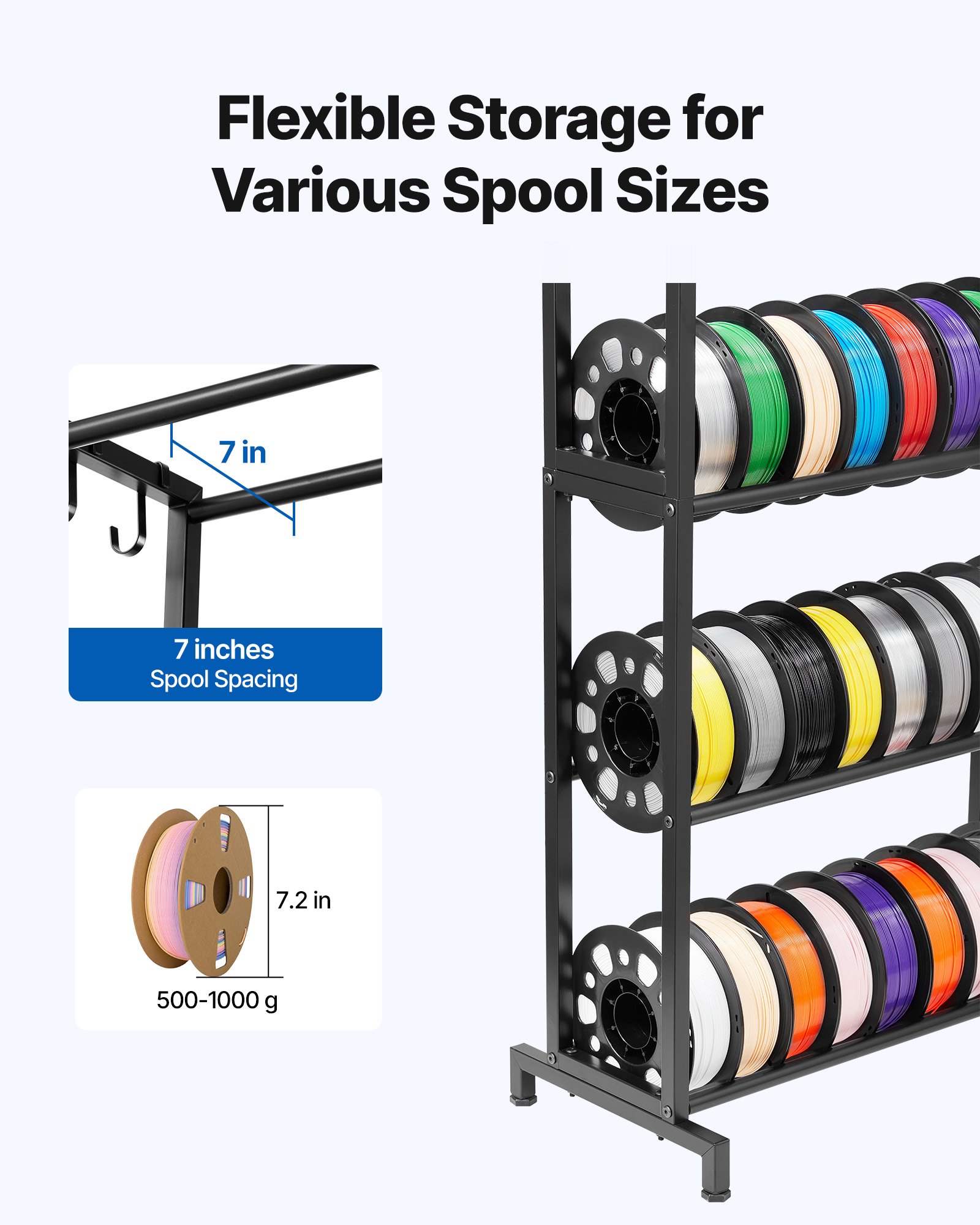 Regał do przechowywania filamentu do drukarki 3D VEVOR, 5 poziomów, uchwyt na szpulę filamentu, 635 x 320 x 1300 mm, nośność 45,3 kg na poziom, organizer na akcesoria do drukarki 3D do studia druku 3D, warsztatu, czarny