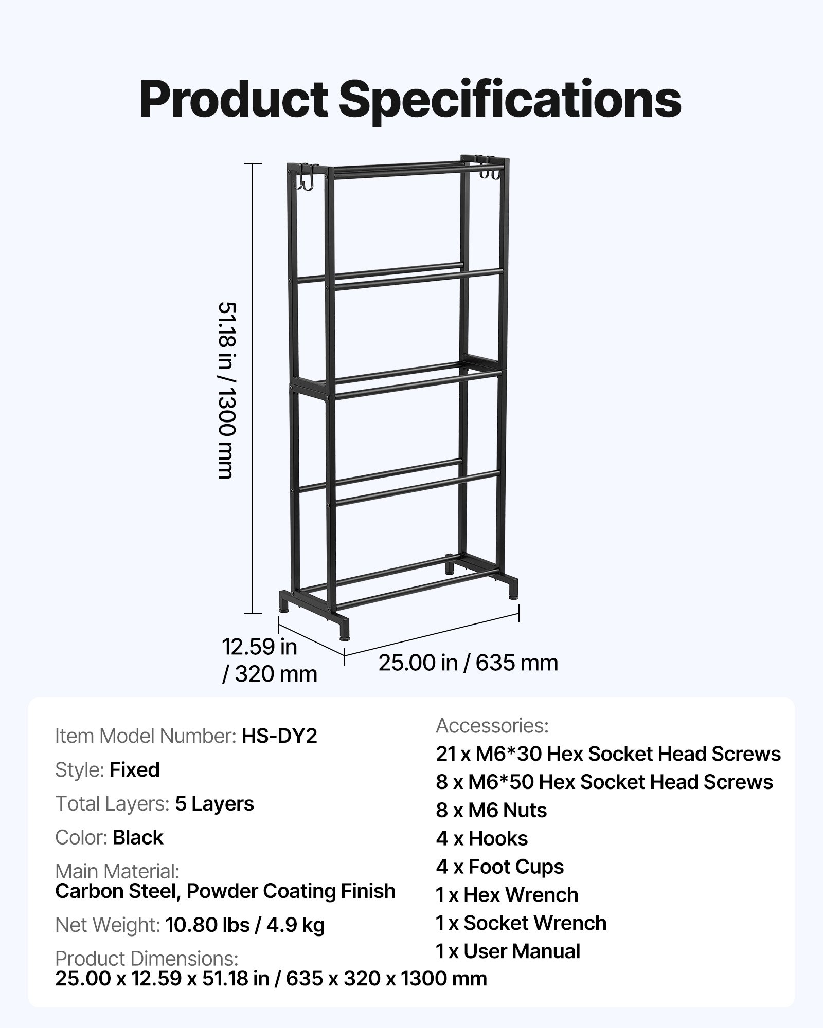Regał do przechowywania filamentu do drukarki 3D VEVOR, 5 poziomów, uchwyt na szpulę filamentu, 635 x 320 x 1300 mm, nośność 45,3 kg na poziom, organizer na akcesoria do drukarki 3D do studia druku 3D, warsztatu, czarny