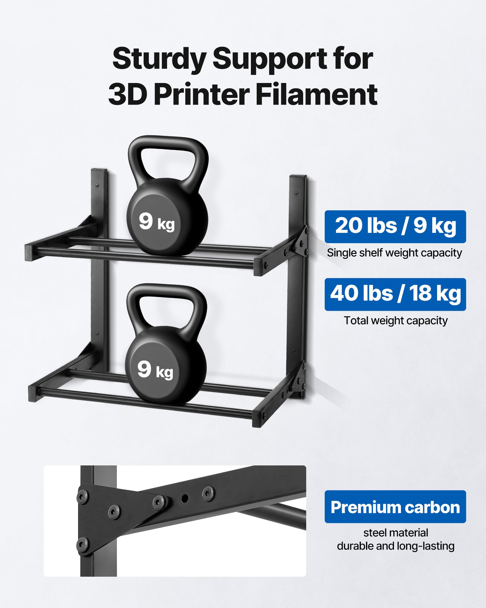VEVOR 2-poziomowy stojak ścienny na filamenty, 445 x 290 x 425 mm, uchwyt na szpulę filamentu na kółkach, organizer na akcesoria do drukarek 3D do studia druku 3D, biura, warsztatu, czarny