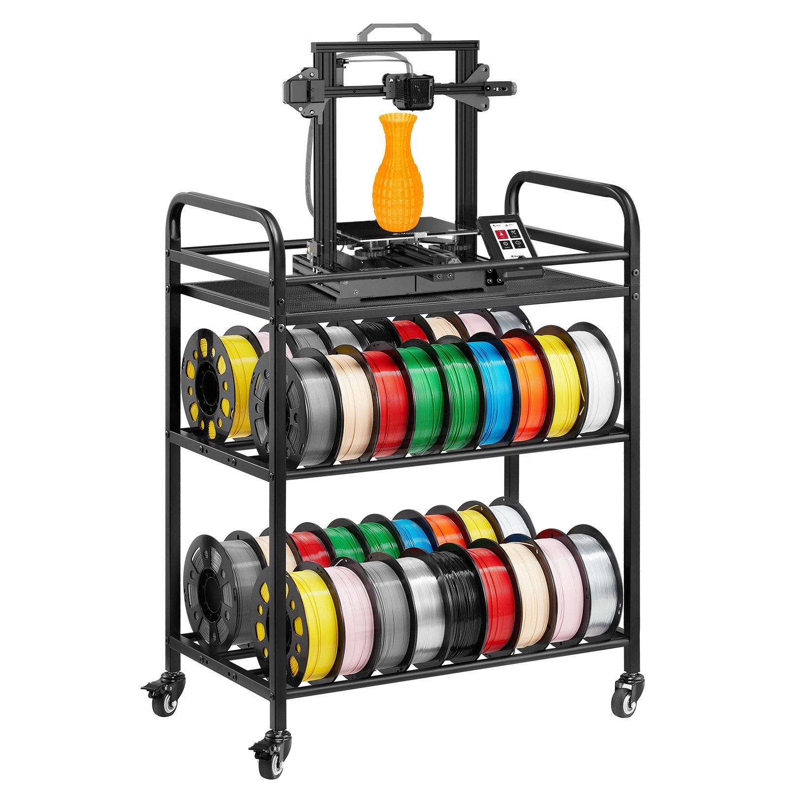 Regał do przechowywania filamentów do drukarek 3D VEVOR, 3 poziomy, 680 x 400 x 880 mm, uchwyt na szpulę filamentu na kółkach, organizer na akcesoria do drukarek 3D do studia druku 3D, biura, warsztatu, czarny