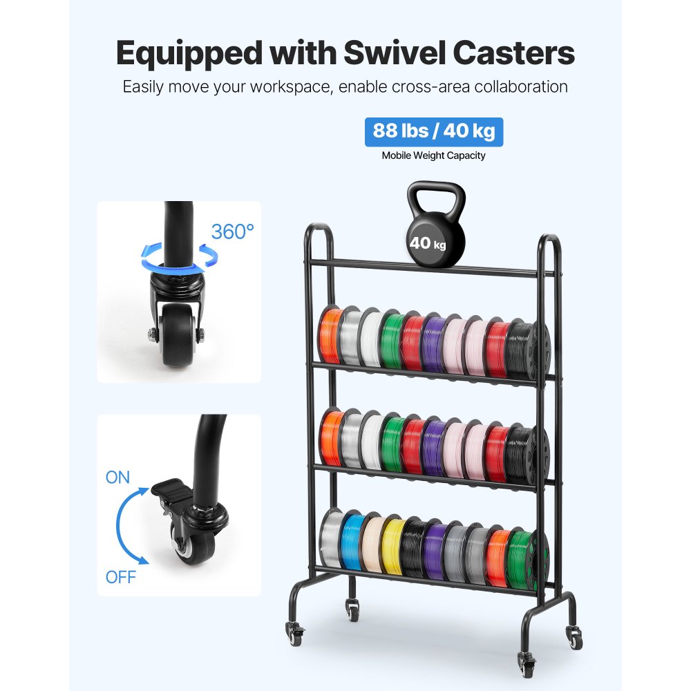 Regał do przechowywania filamentów VEVOR, 4 poziomy, 750 x 455 x 1230 mm, uchwyt na szpulę filamentu, metalowa półka z kółkami, organizer na akcesoria do drukarek 3D do studia druku 3D, biura, warsztatu, garażu, czarny