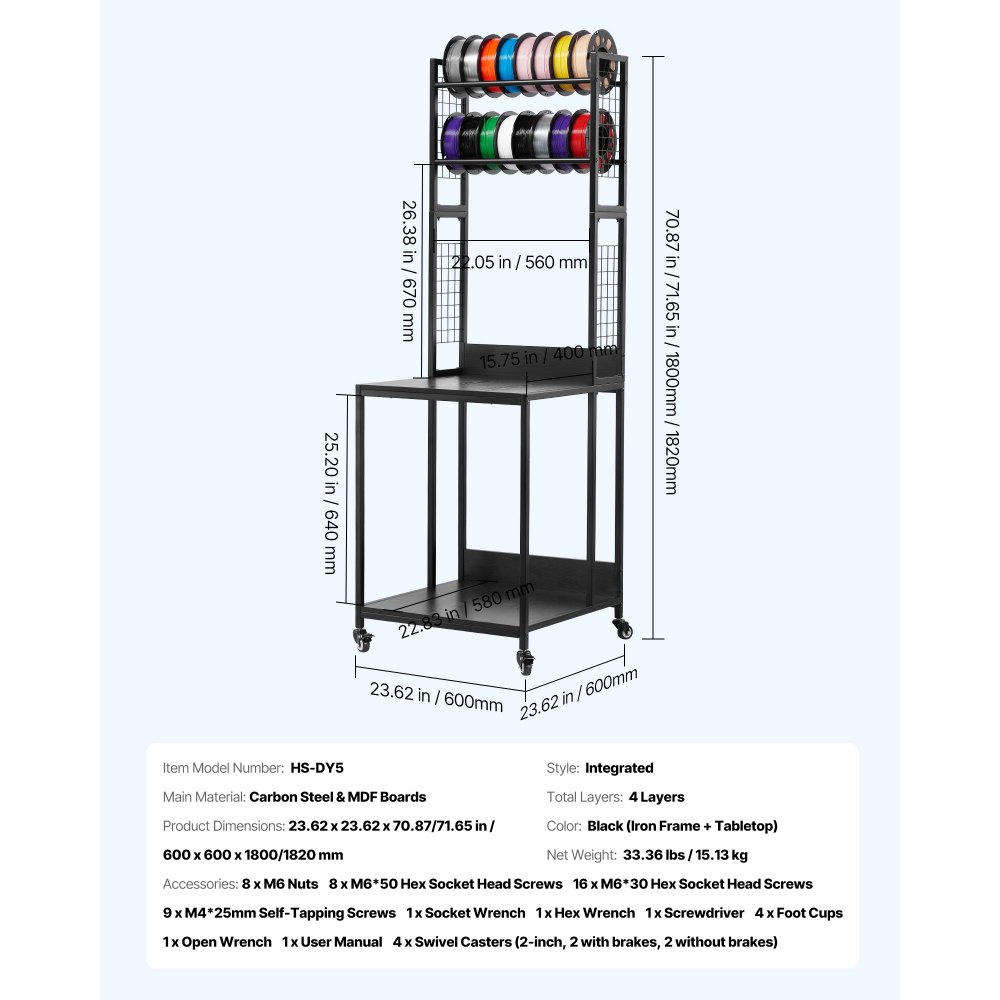 VEVOR 4-poziomowy mobilny stojak do przechowywania filamentów, stojak do przechowywania filamentów do drukarek 3D, uchwyt na szpulę filamentu na kółkach, stojak organizacyjny do studia druku 3D
