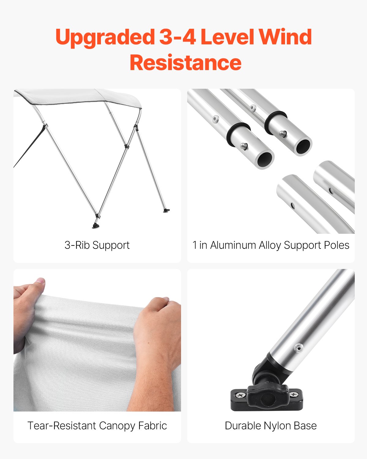 VEVOR Pokrowiec na łódź Bimini Top z osłoną przeciwsłoneczną (3 łuki) wykonany z poliestru 600D z ramą ze stopu aluminium, wodoodporna markiza przeciwsłoneczna z torbą do przechowywania, 210-213 cm (szer.), jasnoszary