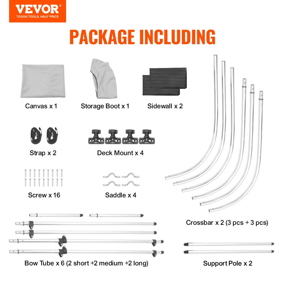 Pokrowiec na łódź VEVOR z 3-łukowym bimini topem, szerokość montażu 155–167 cm, baldachim z poliestru 600D, pokrowiec na łódź ze zdejmowanymi ściankami bocznymi z siatki, wodoodporny i chroniący przed słońcem, zawiera schowek, jasnoszary