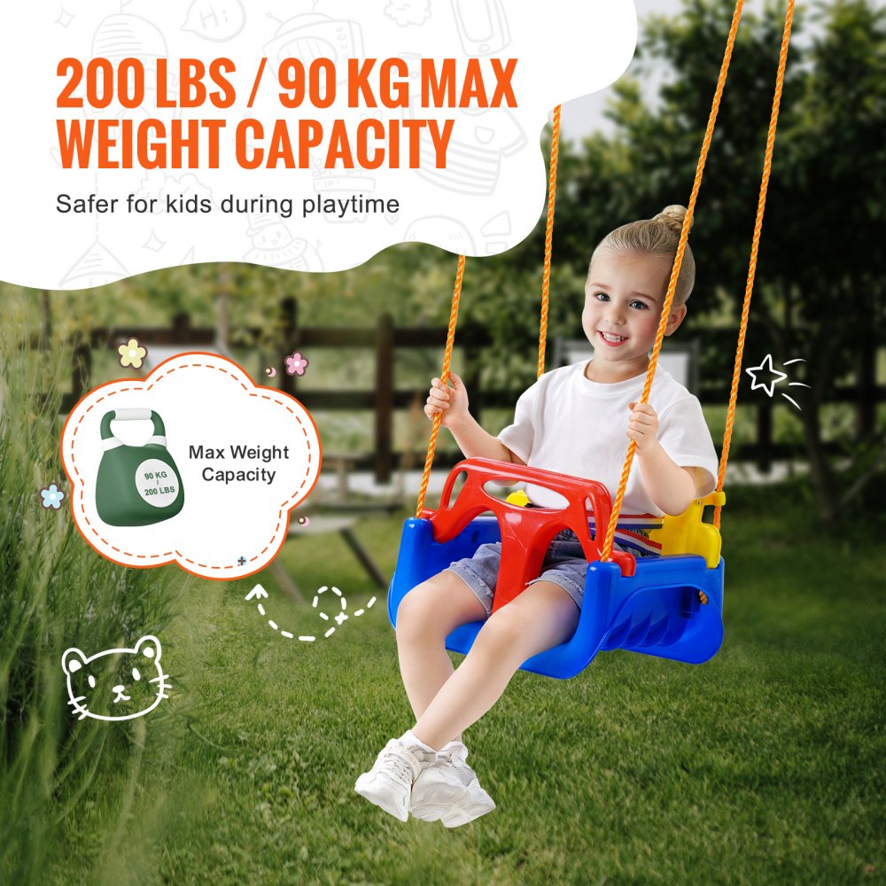 VEVOR 3 w 1 huśtawka dla malucha, huśtawka dla niemowląt o nośności do 90 kg, z regulowanymi linkami i karabińczykami, wygodna i bezpieczna, odpinana huśtawka dla maluchów i nastolatków, do użytku na zewnątrz i wewnątrz