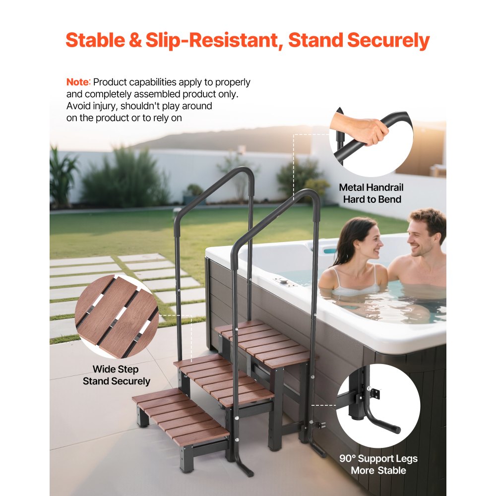 VEVOR Hot Tub Step with Handrail, 3-Step Spa Outdoor Stairs, Heavy Duty 640.1 mm Wide Above-Ground/Inflatable Pool Ladder with 249.5 kg Weight Capacity, Multi-Use for Porch, Patio, Deck, Trailers