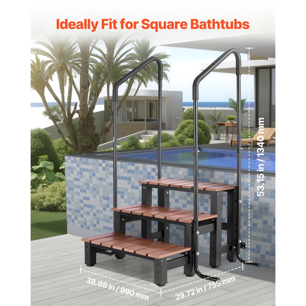 VEVOR Hot Tub Step with Handrail, 3-Step Spa Outdoor Stairs, Heavy Duty 640.1 mm Wide Above-Ground/Inflatable Pool Ladder with 249.5 kg Weight Capacity, Multi-Use for Porch, Patio, Deck, Trailers