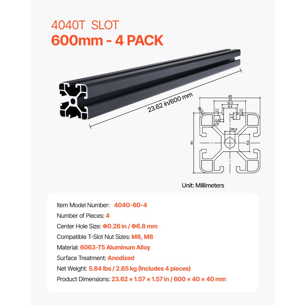 Zestaw VEVOR 4-częściowy profil aluminiowy 600 mm T-slot 4040, anodowany, szyna liniowa zgodna z normą europejską, profil rowkowy do drukarek 3D, maszyn CNC, DIY, grawerowania laserowego, czarny