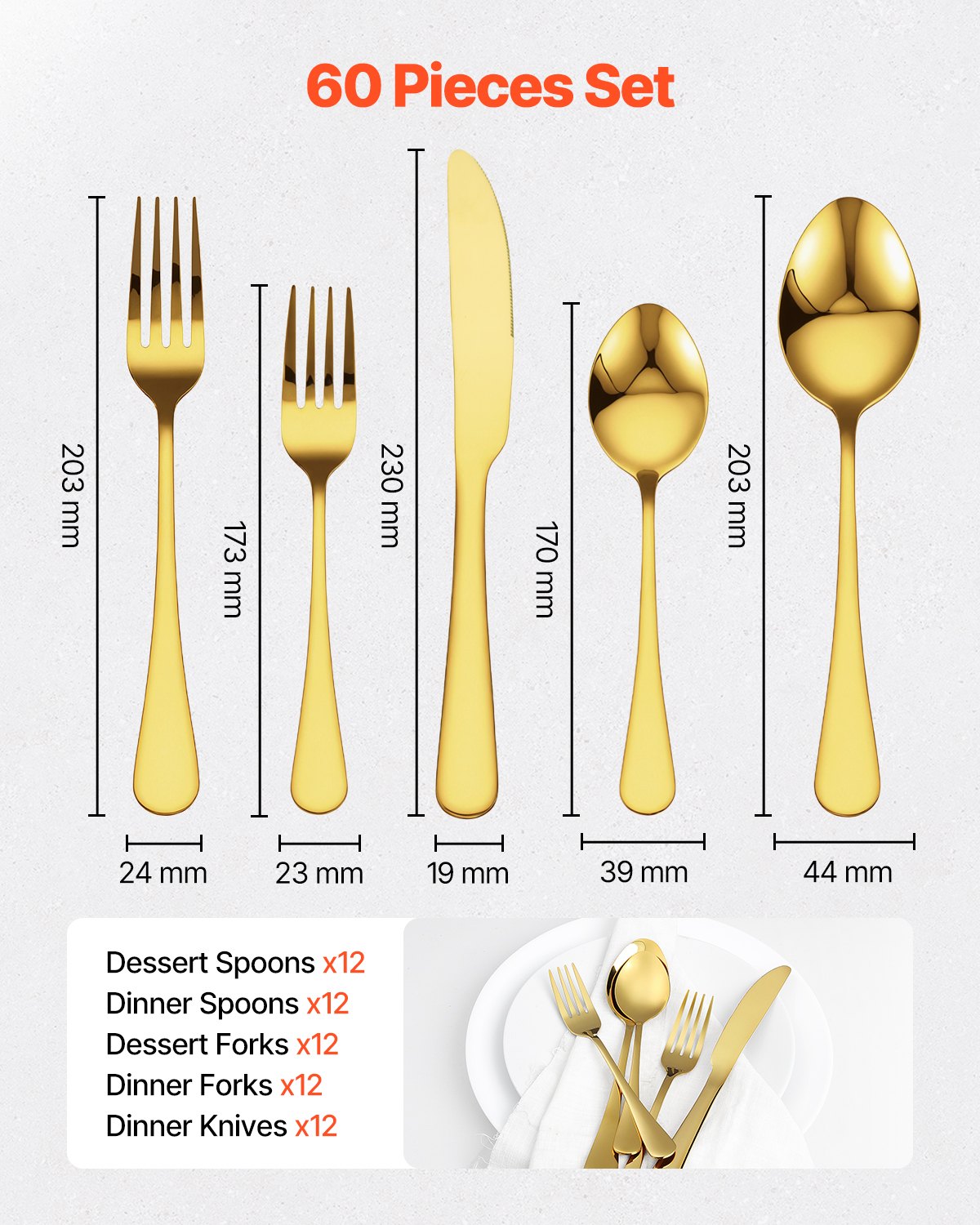 VEVOR 60-piece cutlery set in gold, made of food-safe stainless steel, highly polished, dishwasher-safe, service for 12 people, including knife, fork, and spoon.