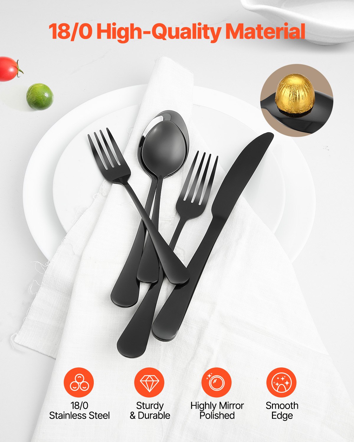 VEVOR 30-piece cutlery set made of food-grade stainless steel, high-gloss polished cutlery set, dishwasher-safe dinnerware, service for 6 people, including knife, fork, and spoon, black