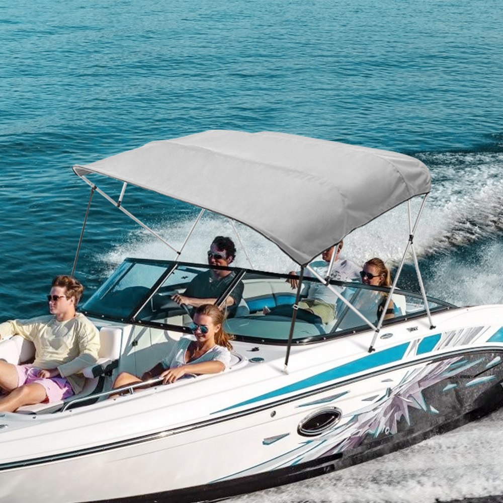 Pokrowiec Bimini na łódź VEVOR 4 Arch, szerokość montażowa 2310-2440 mm Baldachim z poliestru 900D z ramą ze stopu aluminium, wodoodporny i chroniący przed słońcem, w zestawie schowek, 2 słupki wsporcze Szary