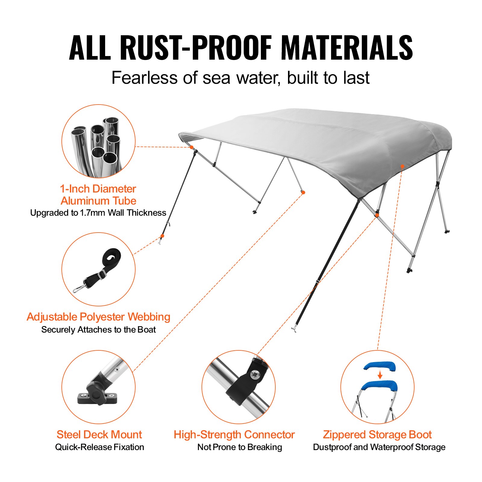 Pokrowiec Bimini na łódź VEVOR 4 Arch, szerokość montażowa 2310-2440 mm Baldachim z poliestru 900D z ramą ze stopu aluminium, wodoodporny i chroniący przed słońcem, w zestawie schowek, 2 słupki wsporcze Szary