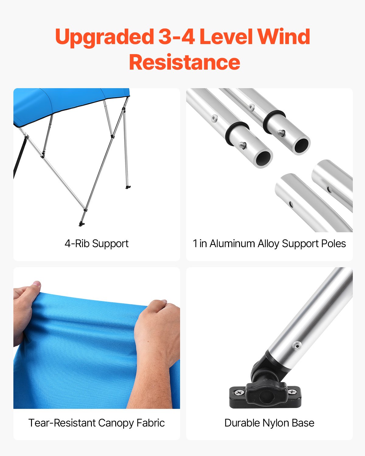 VEVOR Pokrowiec na łódź Bimini Top z osłoną przeciwsłoneczną (4 łuki) wykonany z poliestru 600D z ramą ze stopu aluminium, wodoodporna markiza przeciwsłoneczna z torbą do przechowywania, 170-183 cm (szer.) niebieski