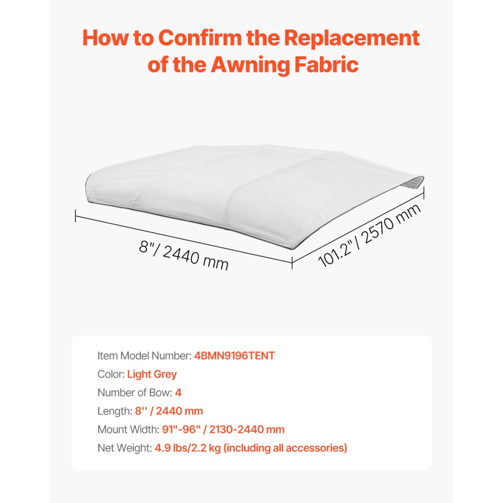 VEVOR Bimini Top Wymienny Pokrowiec na Łódź Osłona przeciwsłoneczna (4 Łuki) Wykonany z Poliestru 600D, Wodoodporny Markiza przeciwsłoneczna do Łodzi z Torbą do przechowywania (Bez Drążka podporowego) 231-244 cm Jasnoszary